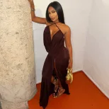 Chic Womens Dress Solid Color Asymmetrical Hem Deep V Neck Halter Neck Bodycon Style Perfect for