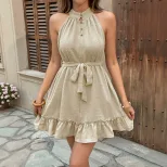 Summer Womens Dress High Neck Sleeveless Solid Color Jacquard Fabric Casual or Evening Wear Whol