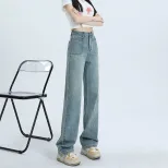 美式直筒牛仔裤女春秋设计口袋休闲阔腿长裤小个子梨形身材拖地裤
