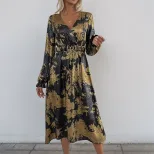 Vintage Party Dress V Neck Long Sleeve Gold Foil Detail Elegant Style for Special Occasions Whol