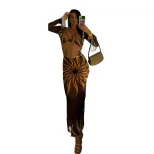 Fashionable Womens Long Sleeve Mesh Floral Bodycon Dress in Brown for Summer Events Wholesale customizable