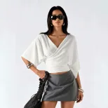 French Style Batwing Sleeve Top V Neck Ruched Waist Slim Fit Elegant Casual Wear for Office Whol