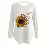 Womens Long Sleeve T Shirt V Neck Loose Fit Sunflower Print Summer Casual Wear Wholesale Availab