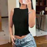 Sleeveless Knit Crop Top Round Neck Slim Fit Lightweight Fabric Spring Summer Casual Wear Wholes