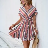 Casual Beach Vacation Dress Colorful Striped Design Shirt Collar Lightweight Fabric Summer Wear Wholesale Availa