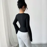 Black Square Neck Long Sleeve T Shirt for Women with Pearl Decor and Flared Sleeves Slim Fit for Casual Wear Wholesale