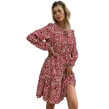 Burgundy Floral Print Long Sleeve Dress for Women Round Neck A Line Silhouette Casual Wear