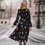 Romantic Elegant Colorful Feather Print Dress Three Quarter Sleeve Spring Fall Style Wholesale A