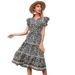 Vintage Floral Ruffle Hem Dress Slim Fit Bohemian Style Summer Wear Available for Wholesale OEM