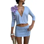 Womens Summer Outfit Set Deep V Neck Long Sleeve Top and Low Waist Mini Skirt Casual Fashion