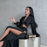 Fashionable Long Sleeve Tie Front Crop Top and Hollow Out Split Leg Pants Set Street Style Whole