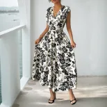 Elegant Black and White Floral Print Sleeveless Dress V Neck Trendy Design Perfect for Summer Ev