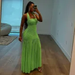 Womens Fashion Backless Ruched Layered Dress Stylish Halter Neck Slim Fit Elegant Design Perfect