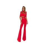 Chic Two Piece Set Solid Color Hollow Design Fitted Crop Top High Waisted Pants Fashionable for