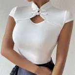 Womens Short Sleeve T Shirt Slim Fit Chinese Knot Design Elegant Style Perfect for Casual Wear W