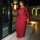 Bodycon Dress Slim Fit Waist Tie Round Neck Long Sleeve Solid Color Cocktail Party or Evening We