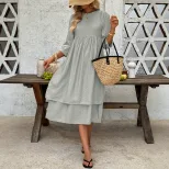 Casual Loose Fit Solid Color Dress Layered Design Short Sleeves Round Neck Vacation Wear Wholesa