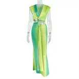 Color Block Hollow Out Bodycon Dress Gradient V Neck Long Sleeve Trendy Style Perfect for Street