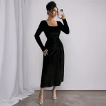 Black Velvet Long Dress Square Neck Side Waist Pleats Slim Fit Spring Summer Elegant for Dates a