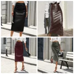 PU Bodycon Skirt High Slit Ruched Design Elegant Style Perfect for Parties and Night Out Ready t