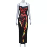 Flame Print Sexy Slip Dress Backless High Slit Sleeveless Summer Party Wear Wholesale Available