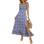 Summer Bohemian Maxi Dress Sleeveless Split Hem Floral Print Casual Beachwear or Party Outfit Wh