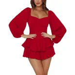 Womens Ruffled Jumpsuit Lantern Long Sleeves Square Neck Waist Cinching Chic Style Summer Casual