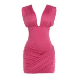 Bodycon Dress Sexy Low Neckline Ruched Design Summer Casual Wear in Red Sizes S to L