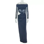 Chic Womens Bodycon Dress Strapless Hollow Out Breathable Long Sleeve Solid Color Perfect for Pa