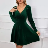 V Neck A Line Dress Waist Defining Velvet Fabric Elegant Design Autumn Winter Party Wear Wholesa