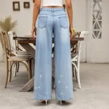 Womens Low Rise Straight Leg Rhinestone Embellished Wide Leg Jeans Casual Chic Style Wholesale A