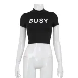 Womens Summer Crop Top Letter Print High Neck Slim Fit Short Sleeve Trendy Casual Wear Wholesale