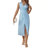 Sleeveless A Line Summer Dress Fresh Solid Color Lapel Collar Side Slit Casual Wear Wholesale Av