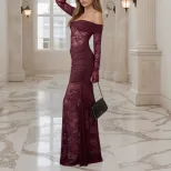 Off Shoulder Lace Trimmed Bodycon Dress Long Sleeve Ruffled Design Elegant Style Perfect for Aut