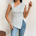 Floral Print Sleeveless Top Asymmetrical Design Waist Cinching Side Slit Casual Summer Wear Whol
