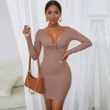 Fashionable Womens Long Sleeve Bodycon Dress Solid Color Deep V Neck Twist Detail Perfect for Pa
