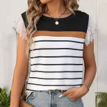 Elegant Casual Striped Lace Sleeveless T Shirt for Women Round Neck Trendy Design Perfect for Sp