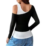 Asymmetrical Long Sleeve Top Black and White Color Block Unique Design for Spring and Autumn Who