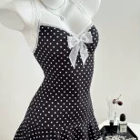 Lace Trim Polka Dot A Line Dress Adjustable Spaghetti Straps Waist Cinching Elegant Style Perfec