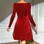 Elegant Red V Neck Dress Autumn Winter Fashion Versatile Style Short Length Wholesale Availabili