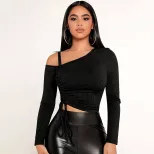 Womens Trendy Spring Summer T Shirt Off Shoulder Slim Fit Solid Color Asymmetrical Neckline Casu