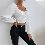 Casual Womens T Shirt Long Sleeve Waist Defined Short Crop Spring Summer Fashion for Parties and
