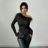Feather Trimmed Asymmetrical Hem Long Sleeve Top Unique Design Slim Fit Spring Summer Style Whol