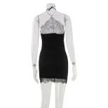Backless Lace Panel Bodycon Dress Sexy Slim Fit Halter Neck Black Evening Wear Cocktail Party Wh