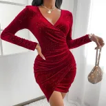 Velvet Bodycon Dress Long Sleeve V Neck Ruched Split Hem Shimmering Evening Party or Cocktail We