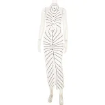 Striped Print Halter Neck V Neck Dress Twist Front Backless Waist Cinching Elegant Evening Gown