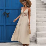 Casual Vacation Long Dress Backless Design Bow Tie Neck Lightweight Fabric Perfect for Summer Ge