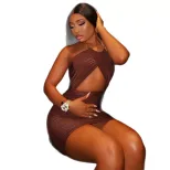 Metal Chain Halter Neck Bodycon Dress Ruffled Hollow Out Slim Fit Fashionable Evening Wear Party