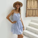 Floral Ruffle Hem Summer Dress Sweetheart Neckline Waist Tie Sleeveless Casual Wear for Women Wh