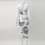 Womens Vintage Floral Print Two Piece Set Halter Neck Top Midi Skirt Stylish Sexy Outfit for Sum